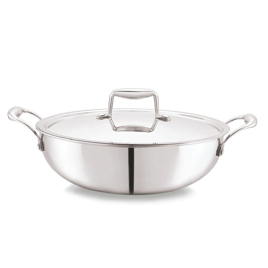 Tri-Ply Stainless Steel Kadhai with Lid | Induction Friendly | Silver