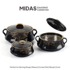 Midas Insulated Casserole Set of 3, 500ml+1000ml+1500ml Black / 500ml+1000ml+1500ml