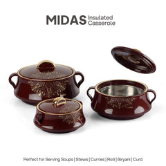 Midas Insulated Casserole Set of 3, 500ml+1000ml+1500ml Brown / 500ml+1000ml+1500ml