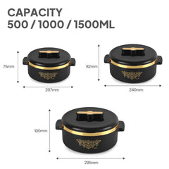 Exotic Insulated Casserole, Set of 3, 500ml+1000ml+1500ml Black / 500ml+1000ml+1500ml