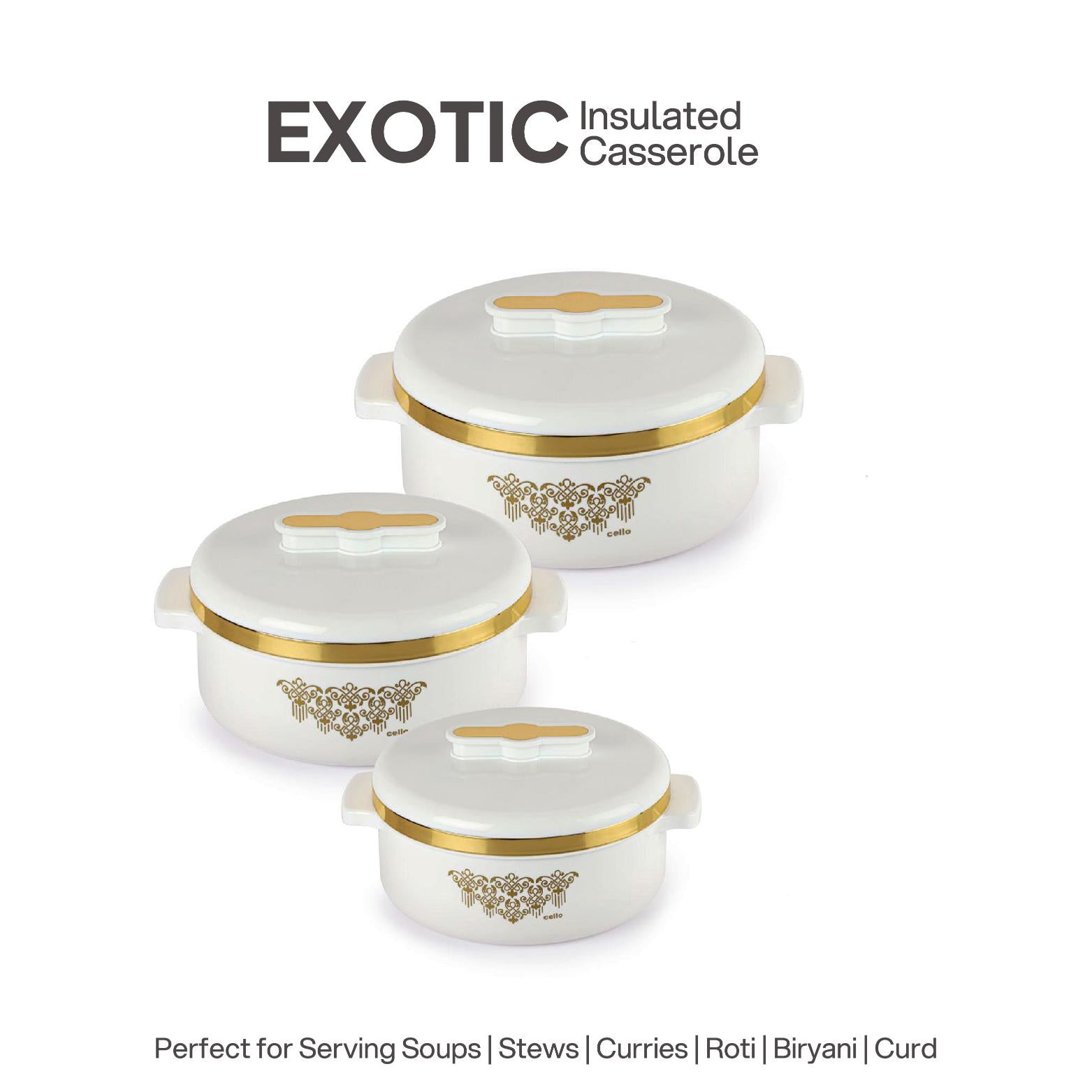 Exotic Insulated Casserole, Set of 3, 500ml+1000ml+1500ml White / 500ml+1000ml+1500ml