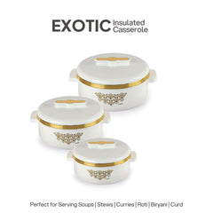 Exotic Insulated Casserole White / 3 Pc Set (500ml, 1000ml, 1500ML)