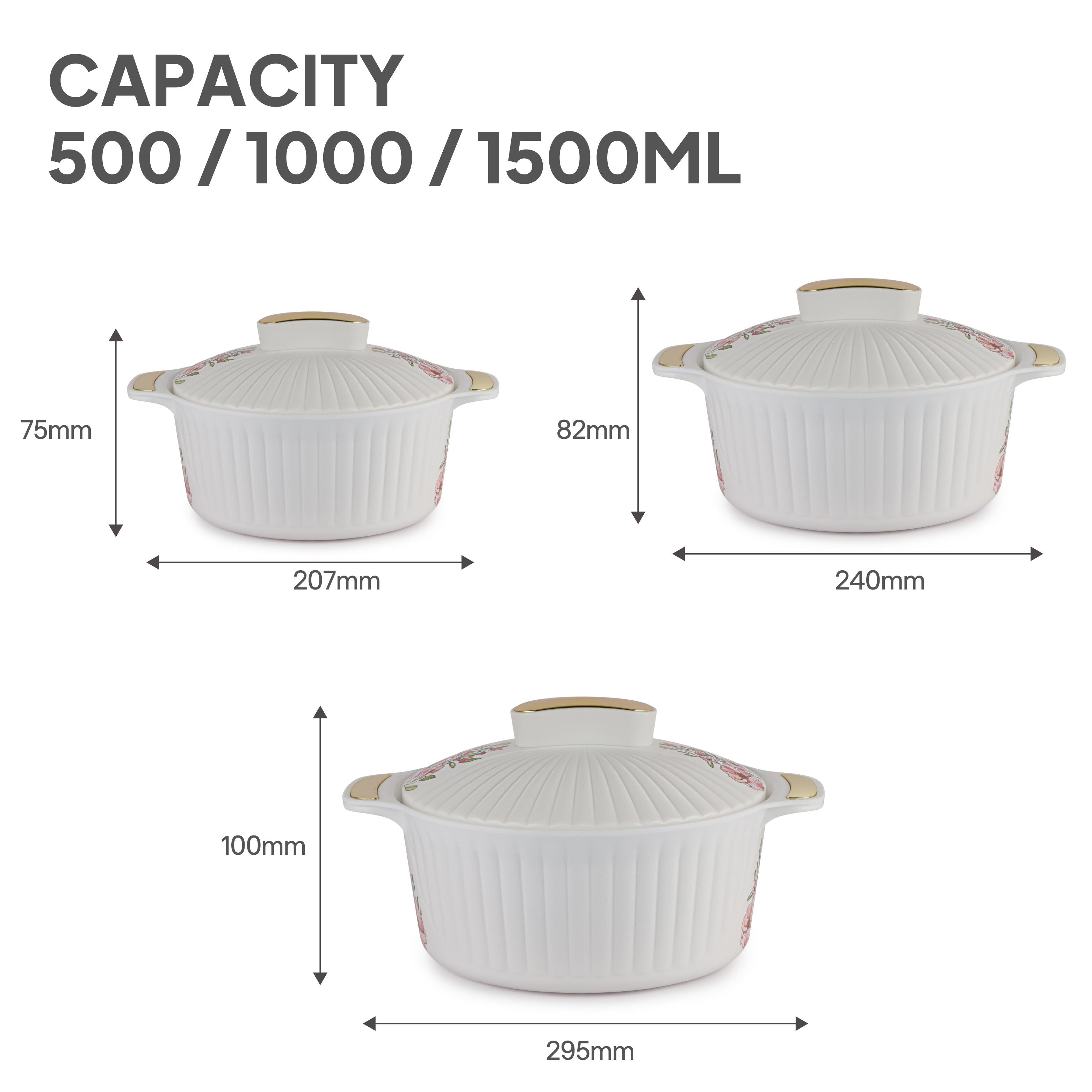 Sonet Insulated Casserole, Set of 3, 500ml+1000ml+1500ml White / 500ml+1000ml+1500ml
