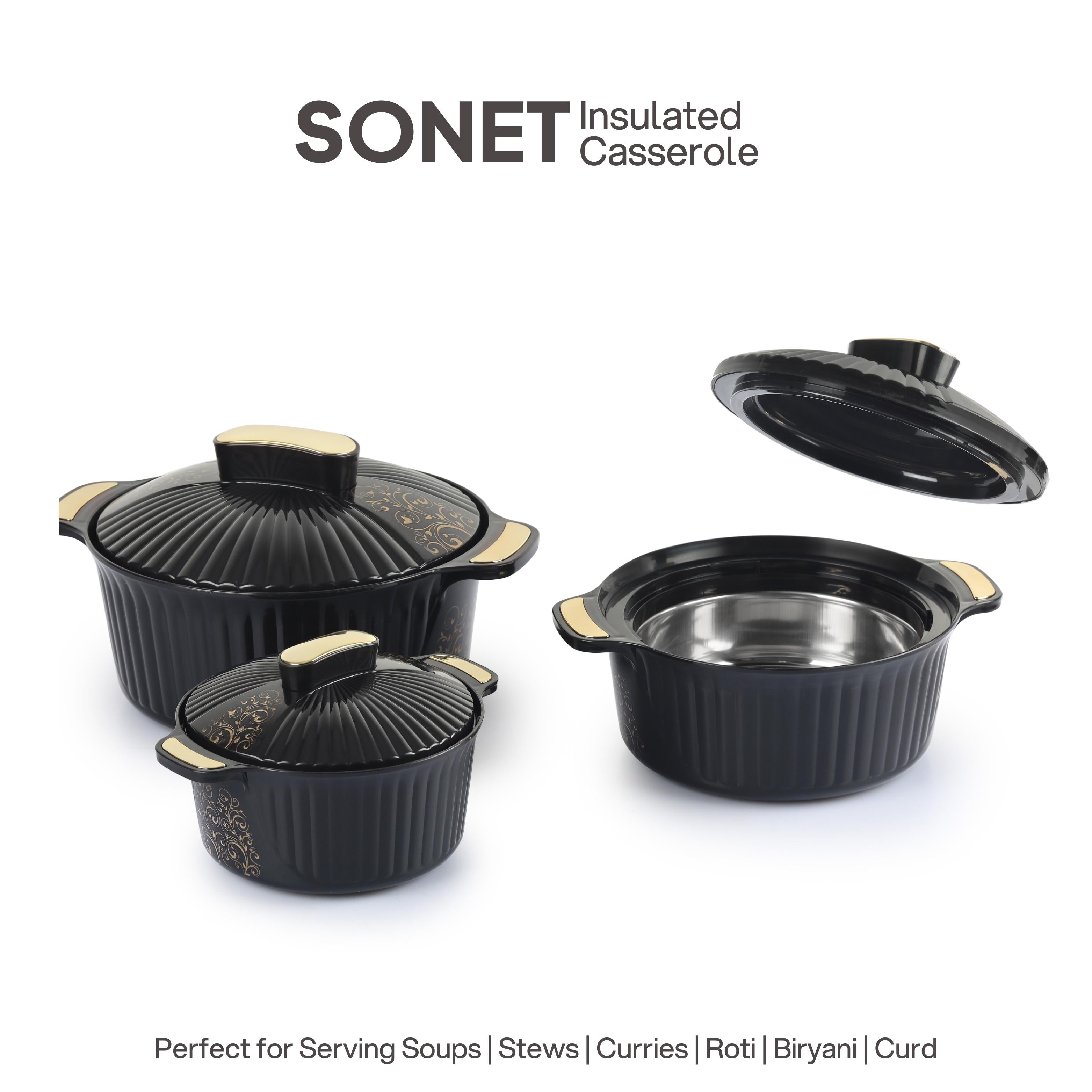 Sonet Insulated Casserole, Set of 3, 500ml+1000ml+1500ml Black / 500ml+1000ml+1500ml