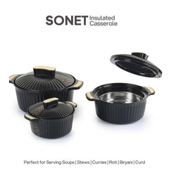 Sonet Insulated Casserole, Set of 3, 500ml+1000ml+1500ml Black / 500ml+1000ml+1500ml