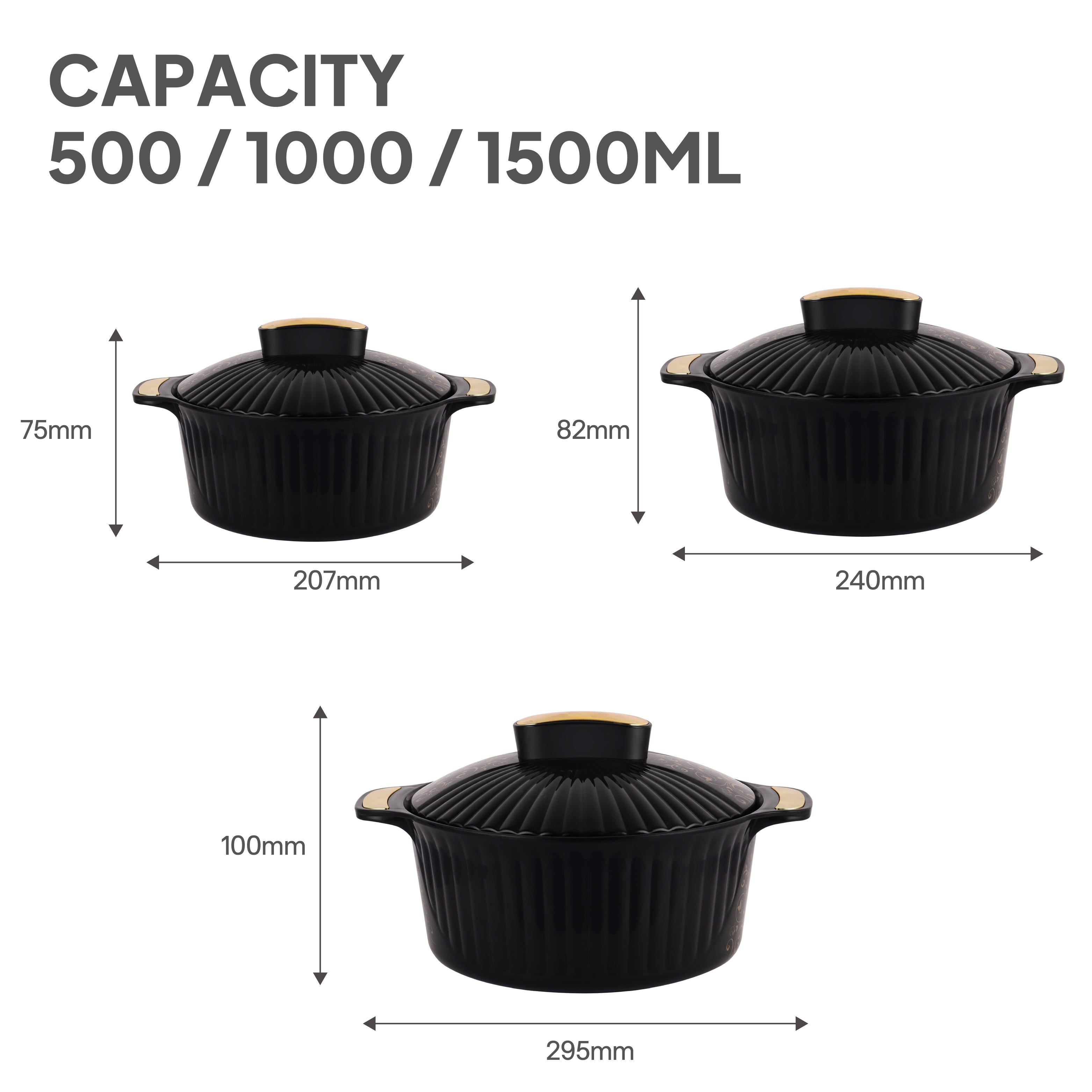 Sonet Insulated Casserole, Set of 3, 500ml+1000ml+1500ml Black / 500ml+1000ml+1500ml