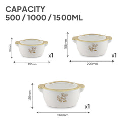 Radiant Insulated Casserole, Set of 3, 500ml+1000ml+1500ml White / 500ml+1000ml+1500ml