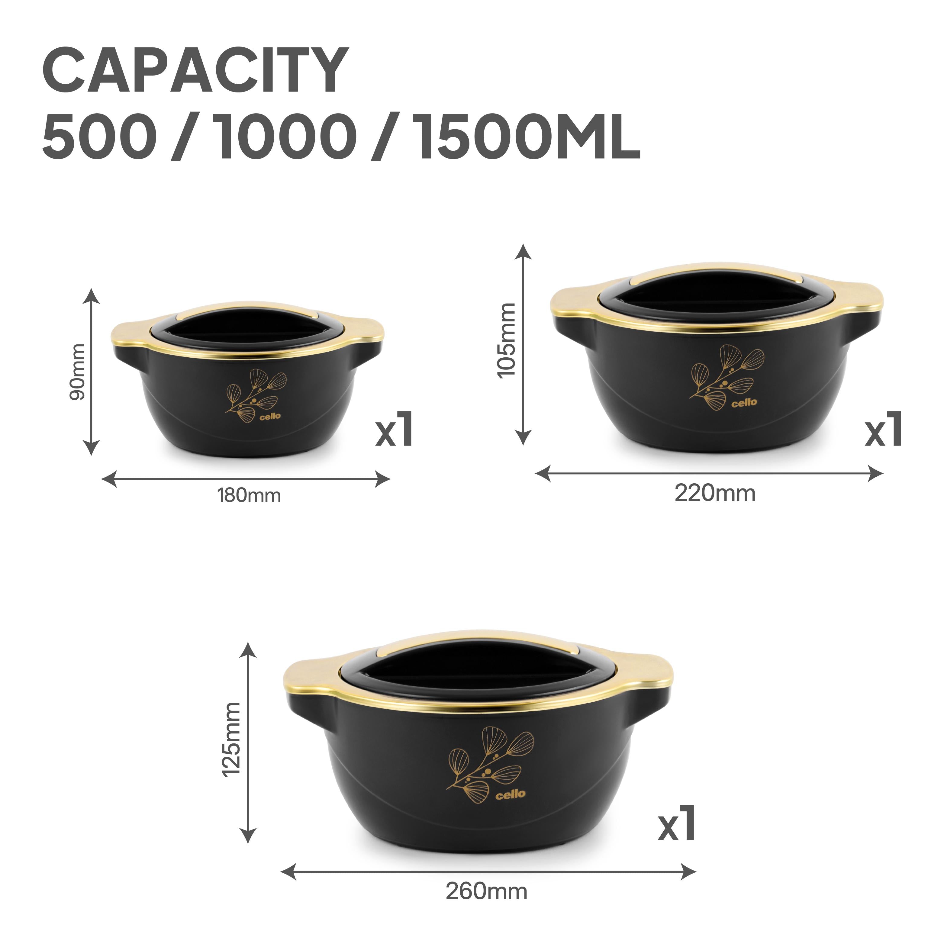 Radiant Insulated Casserole, Set of 3, 500ml+1000ml+1500ml Black / 500ml+1000ml+1500ml