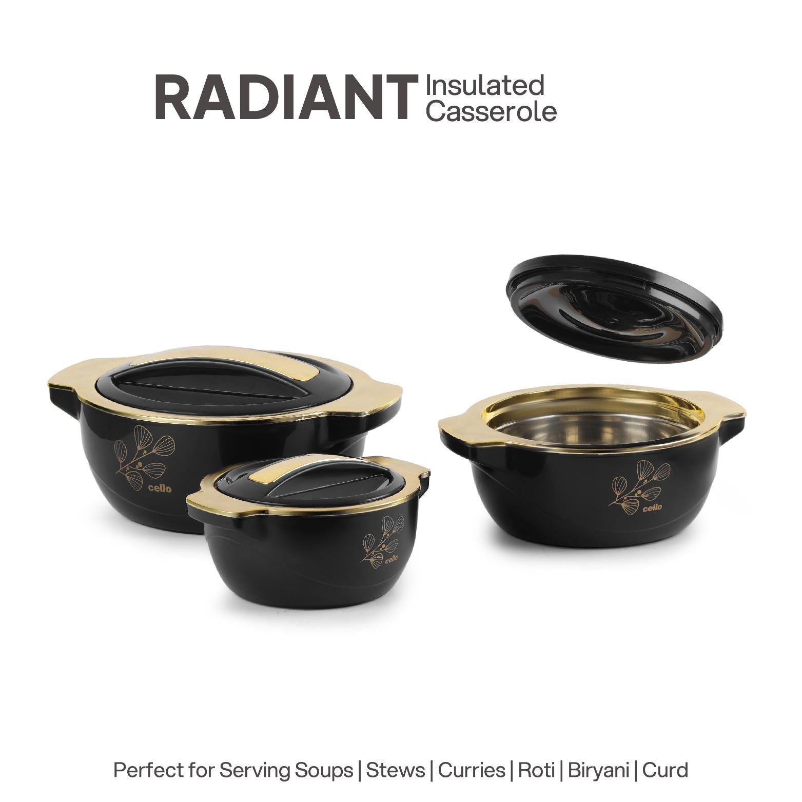Radiant Insulated Casserole, Set of 3, 500ml+1000ml+1500ml Black / 500ml+1000ml+1500ml