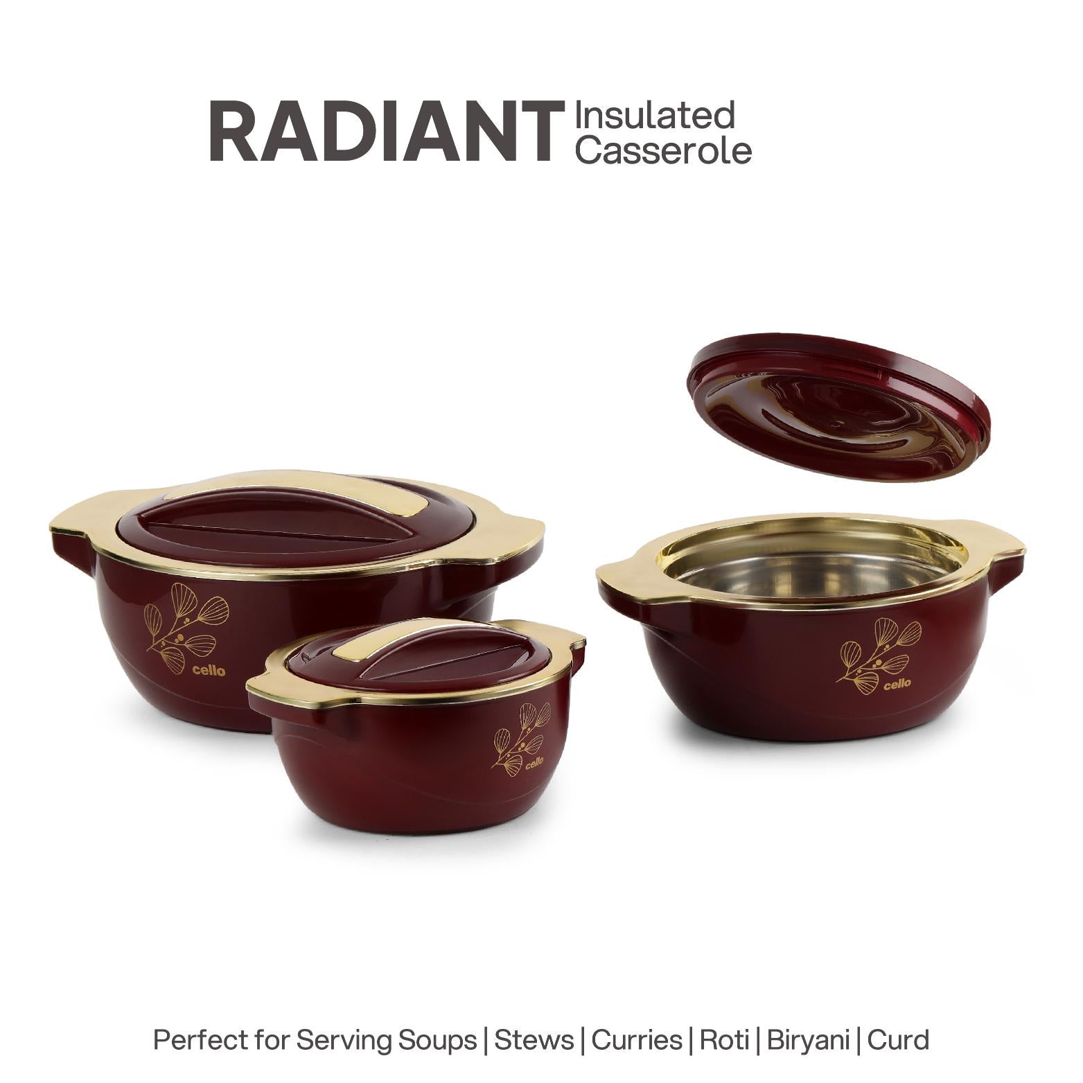 Radiant Insulated Casserole, Set of 3, 500ml+1000ml+1500ml Burgandy / 500ml+1000ml+1500ml