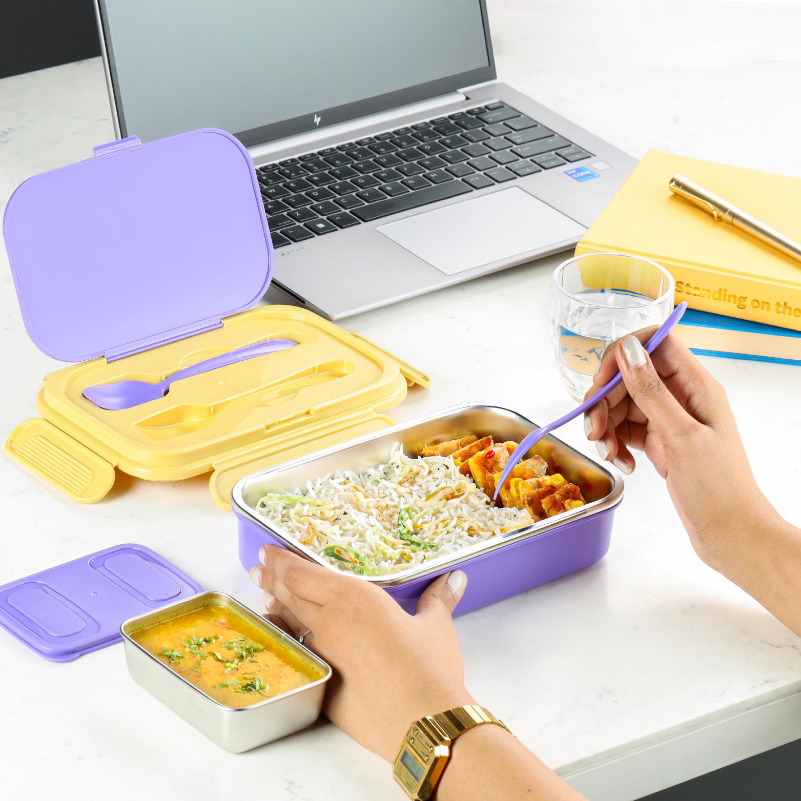 Mac Insulated Inner Steel Lunch Box with Fork and Spoon Purple