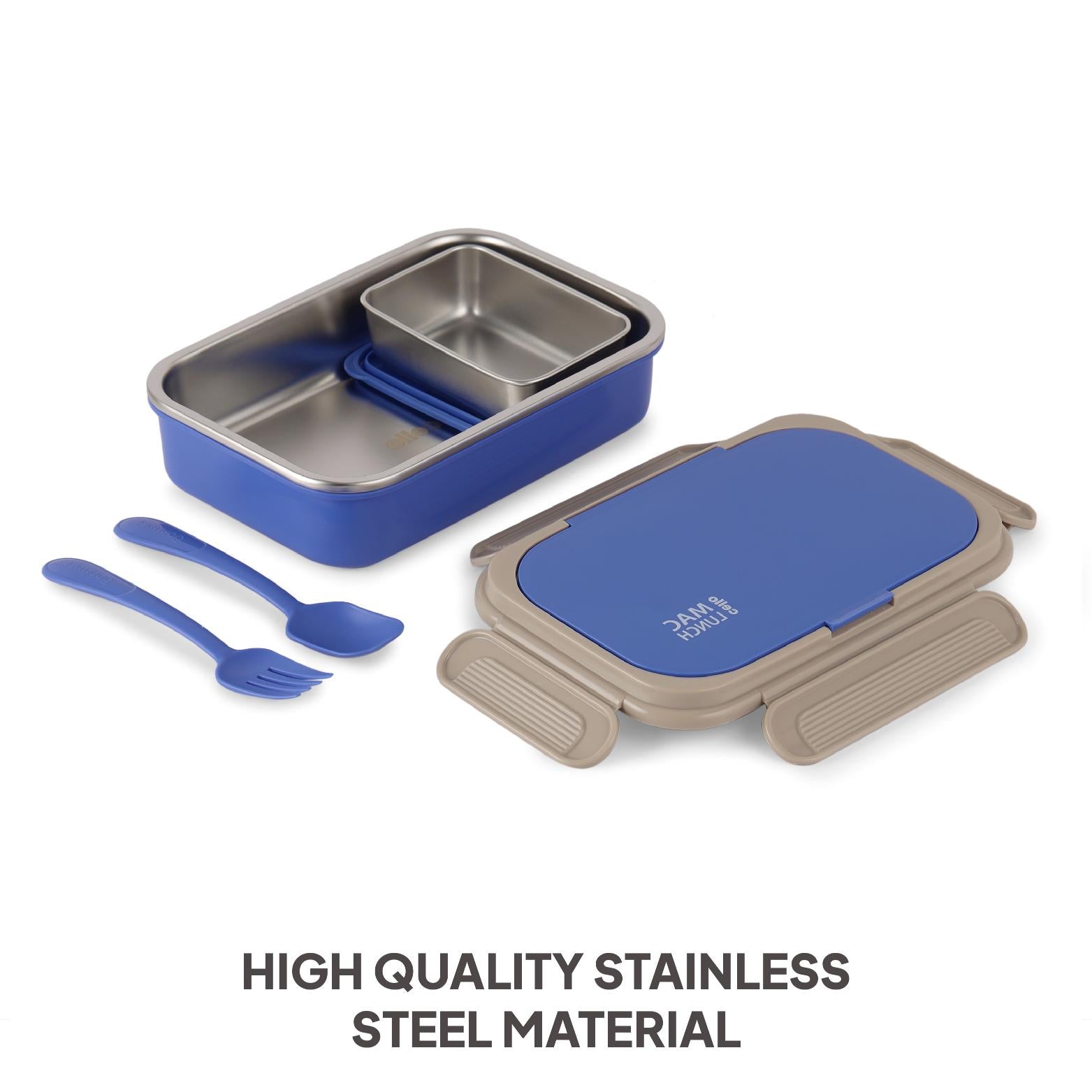 Mac Insulated Inner Steel Lunch Box with Fork and Spoon Blue