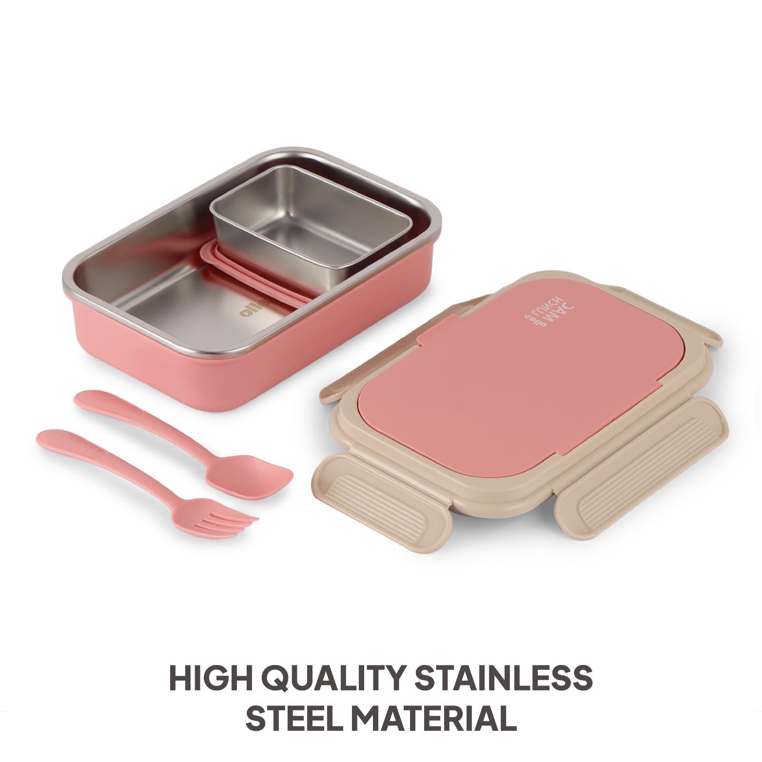 Mac Insulated Inner Steel Lunch Box with Fork and Spoon Pink