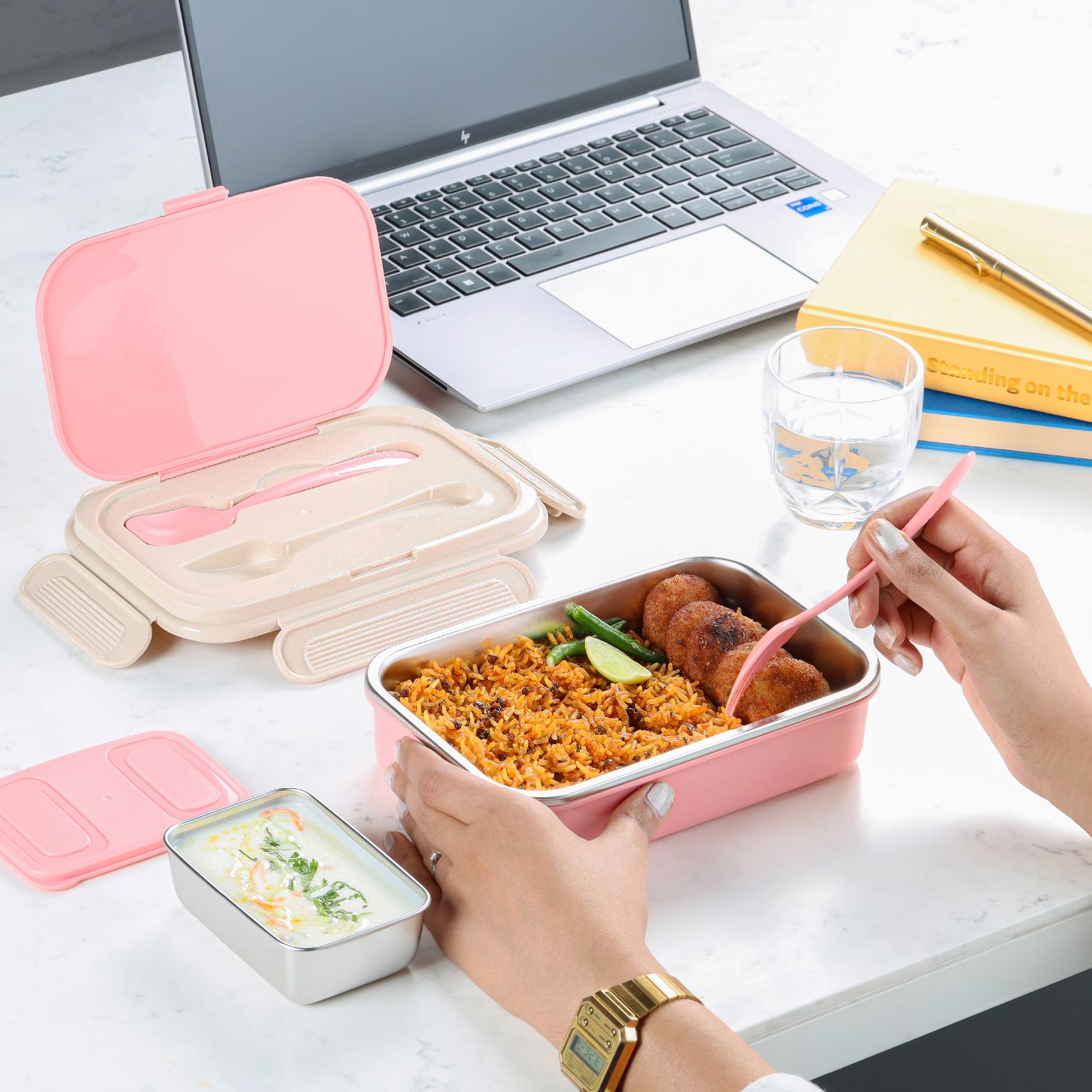 Mac Insulated Inner Steel Lunch Box with Fork and Spoon Pink