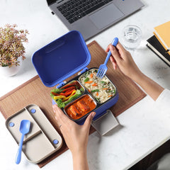 Pioneer Insulated Inner Steel Lunch Box with Fork and Spoon Blue