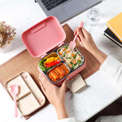 Pioneer Insulated Inner Steel Lunch Box with Fork and Spoon Pink