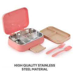 Pioneer Insulated Inner Steel Lunch Box with Fork and Spoon Pink