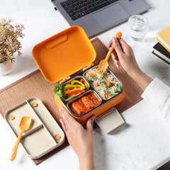 Pioneer Insulated Inner Steel Lunch Box with Fork and Spoon Orange