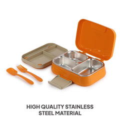 Pioneer Insulated Inner Steel Lunch Box with Fork and Spoon Orange