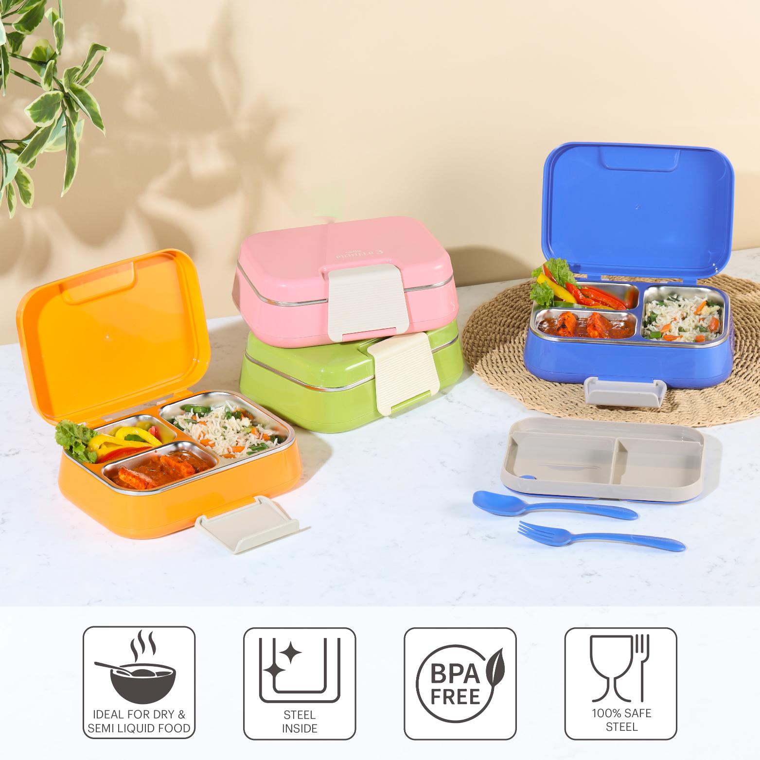 Pioneer Insulated Inner Steel Lunch Box with Fork and Spoon Orange