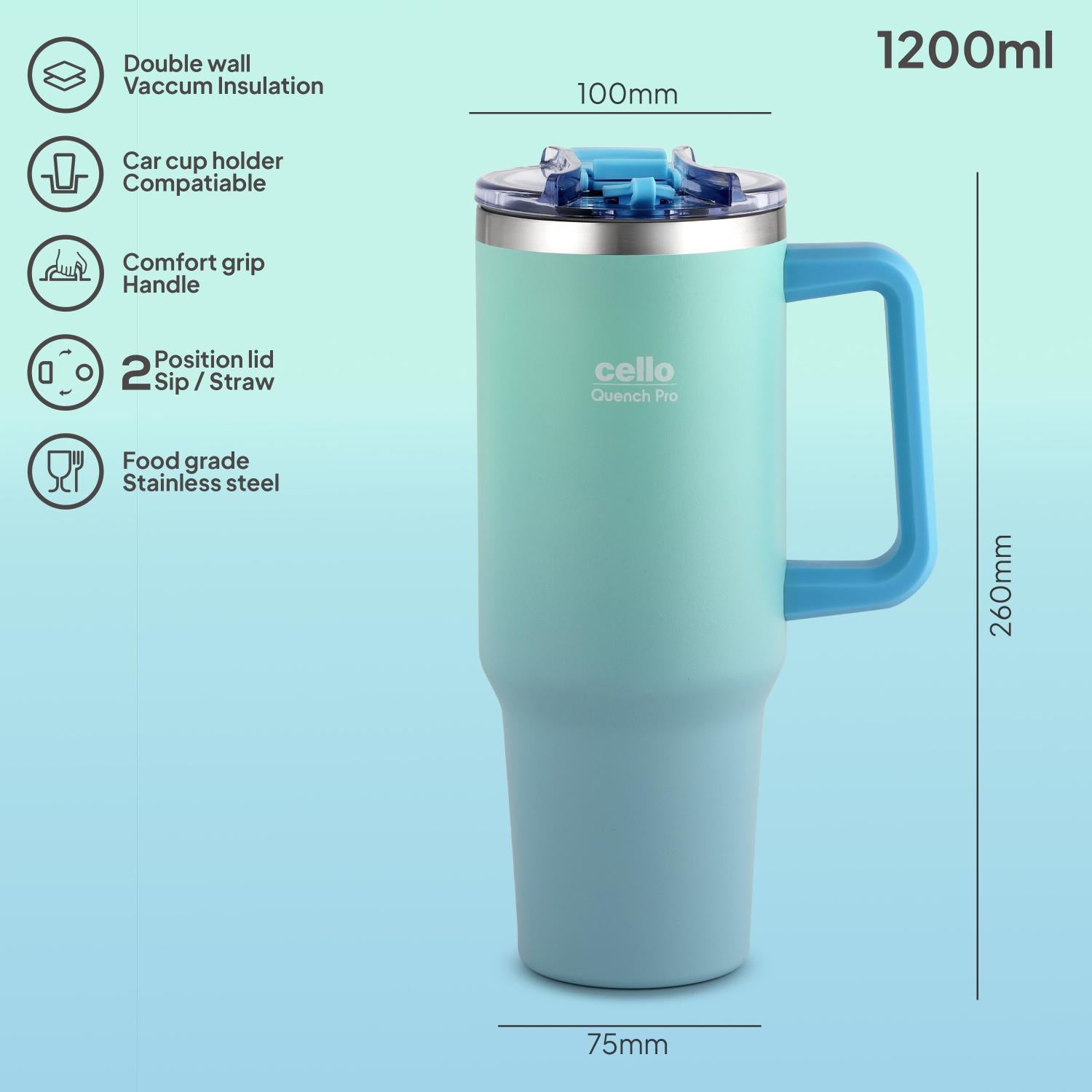 Quench Pro 1200 Insulated Travel Tumbler with Handle, Lid & Straw Sea Green / 1200ml