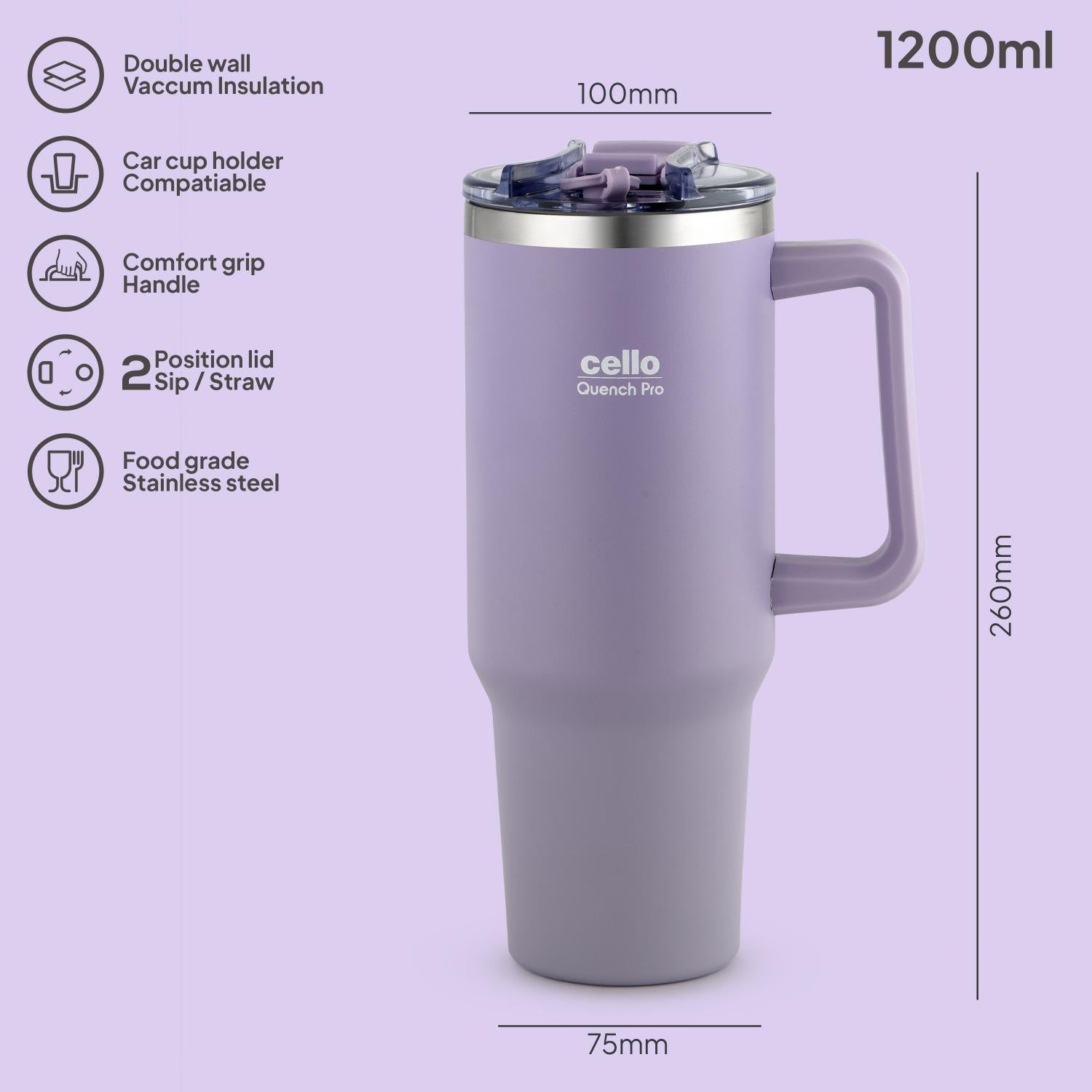 Quench Pro 1200 Insulated Travel Tumbler with Handle, Lid & Straw Rich Lilac / 1200ml