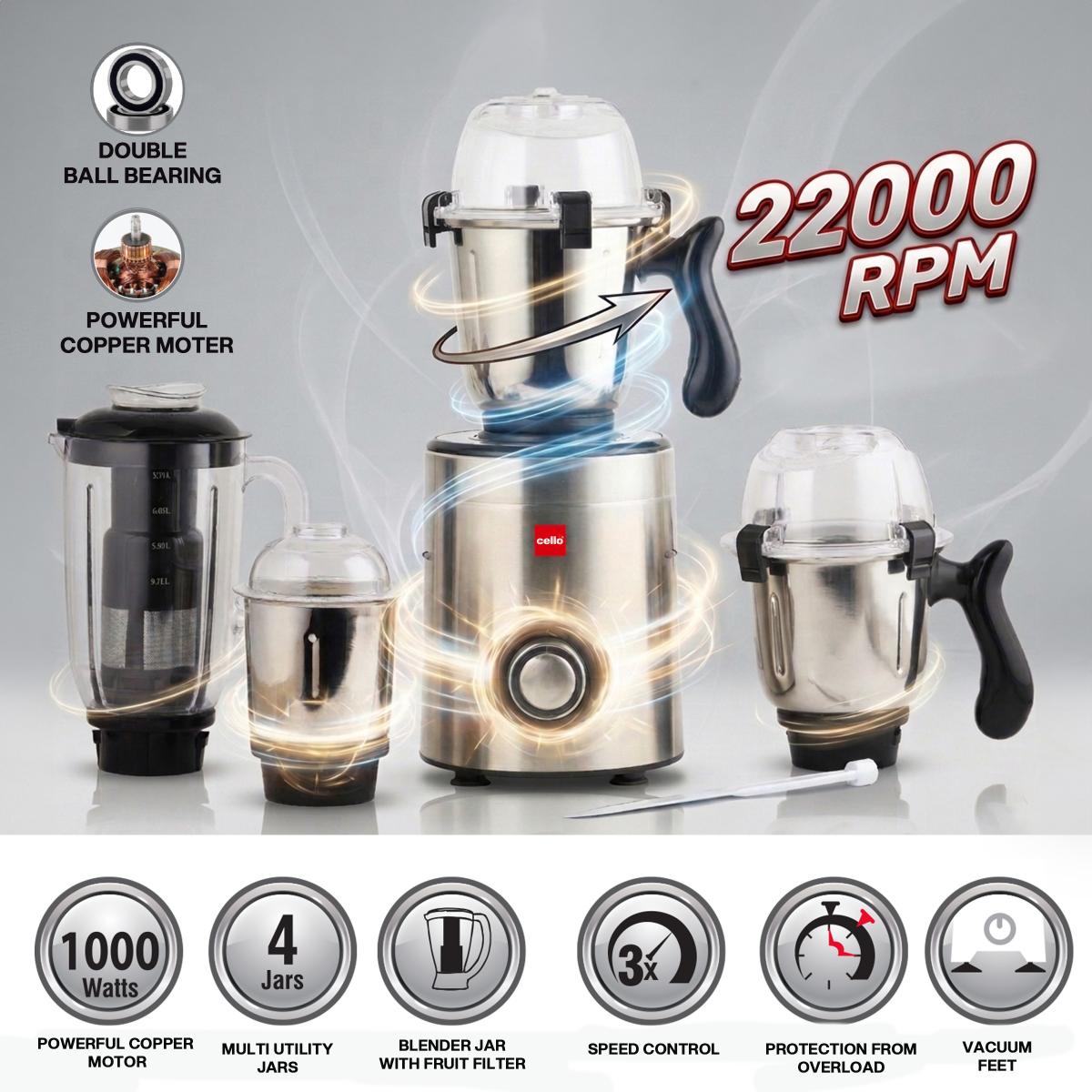 Steelox Pro 1000W Mixer Grinder with 3 Stainless Steel Jars, 1.5L Juicer Jar with 5-Year Warranty 1000