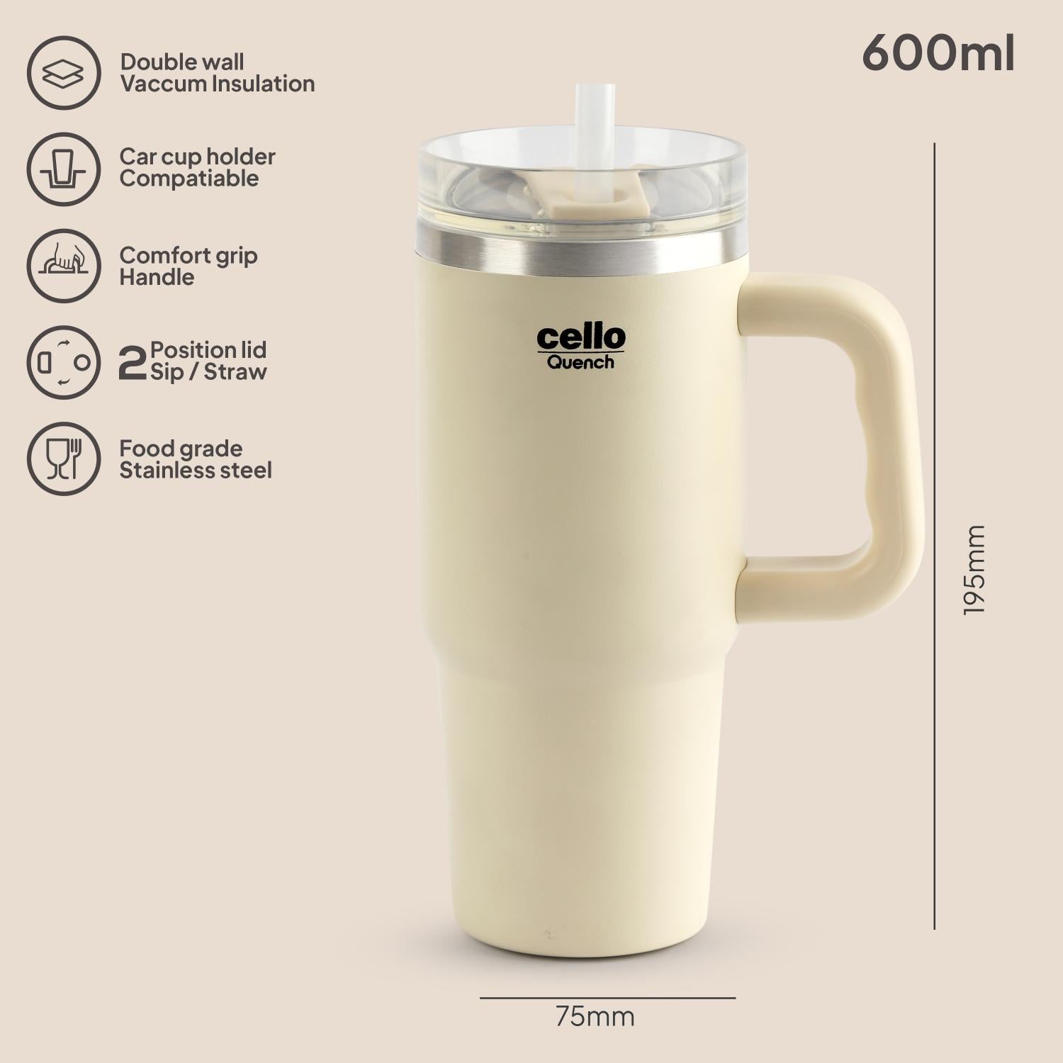 Quench 600 Insulated Travel Tumbler with Handle, Lid & Straw White / 600ml