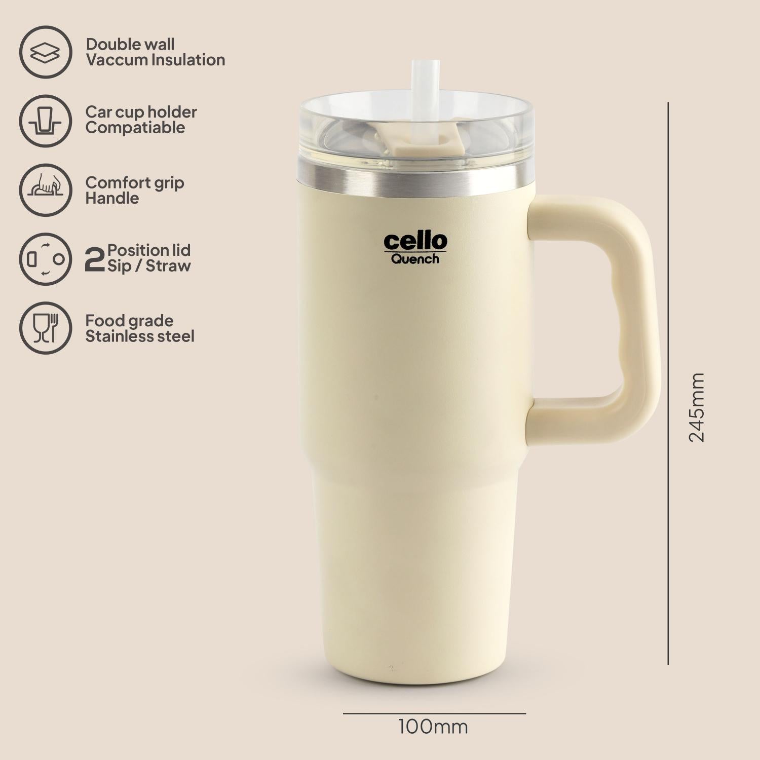 Quench Pro 900 Insulated Travel Tumbler with Handle, Lid & Straw White / 900ml