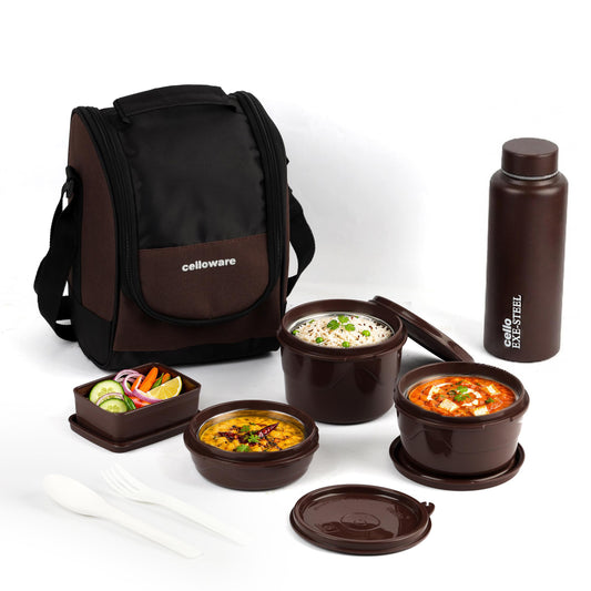 MF All In One Insulated Steel lunch Boxes, set of 5 Brown Black