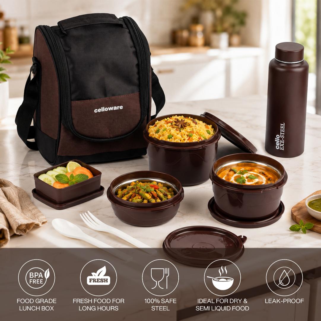 MF All In One Insulated Steel lunch Boxes, set of 5 Brown Black