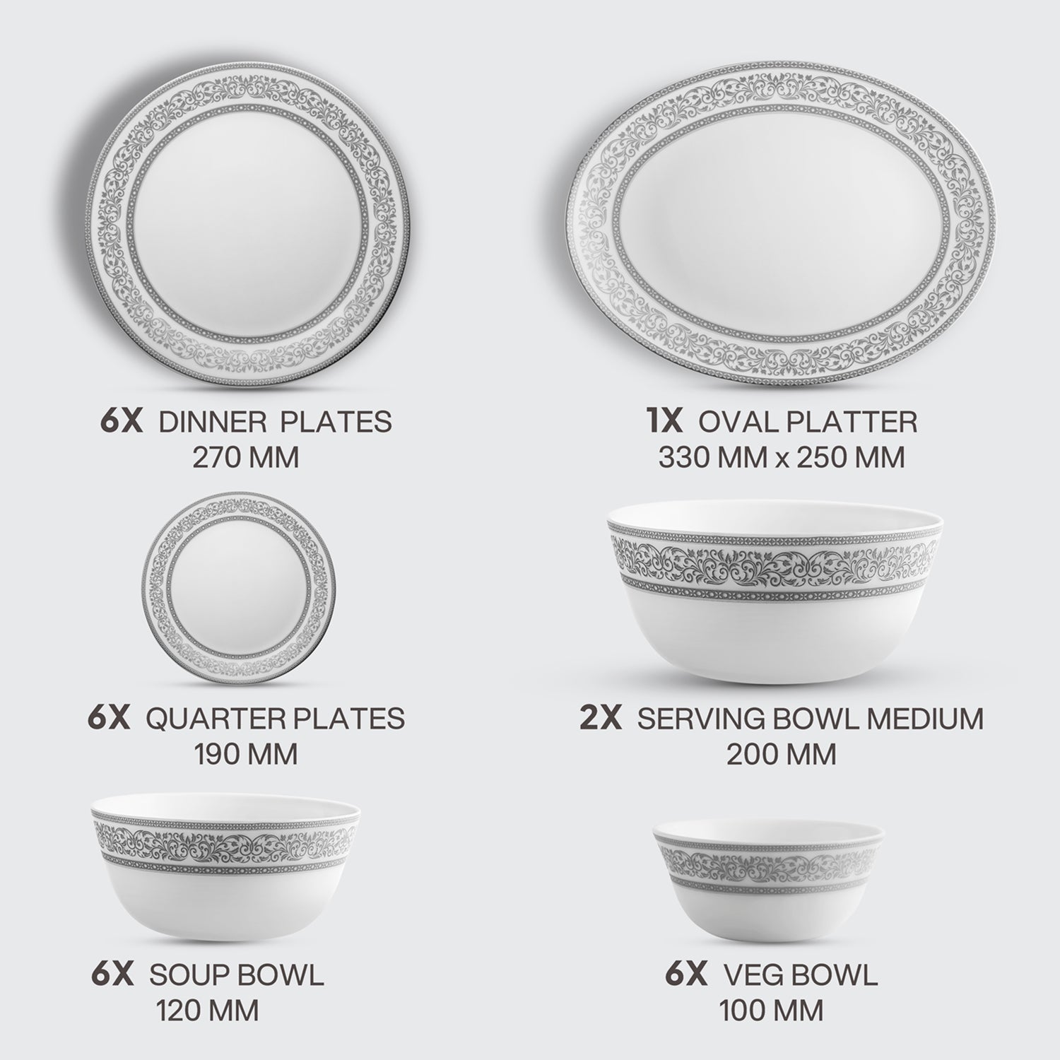 Solitaire Opalware Dinner Set, Argento 27 Pcs