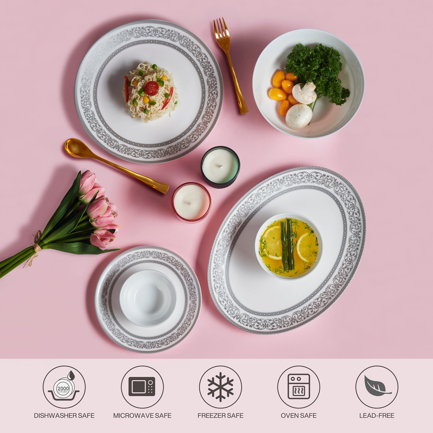 Solitaire Opalware Dinner Set, Argento 27 Pcs