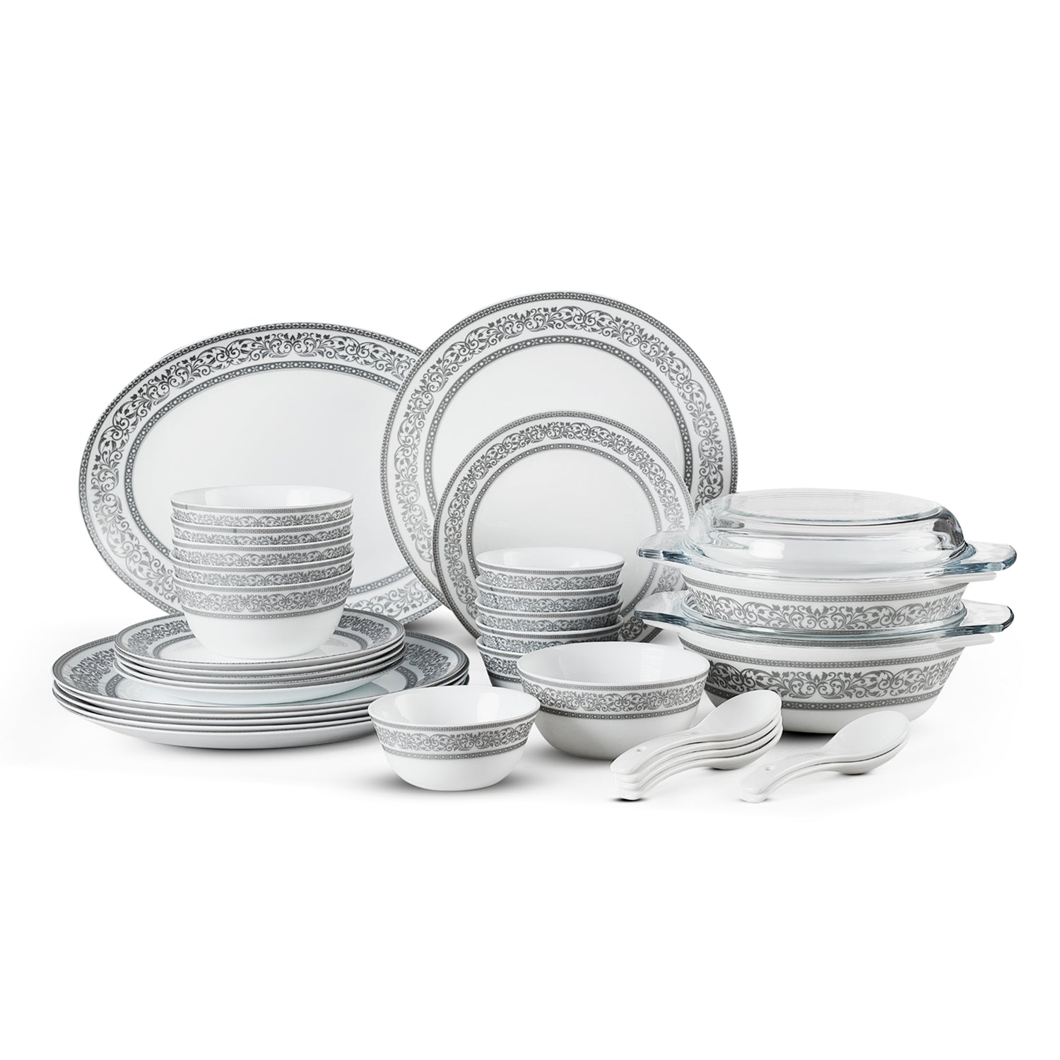 Solitaire Opalware Dinner Set, Argento 35 Pcs