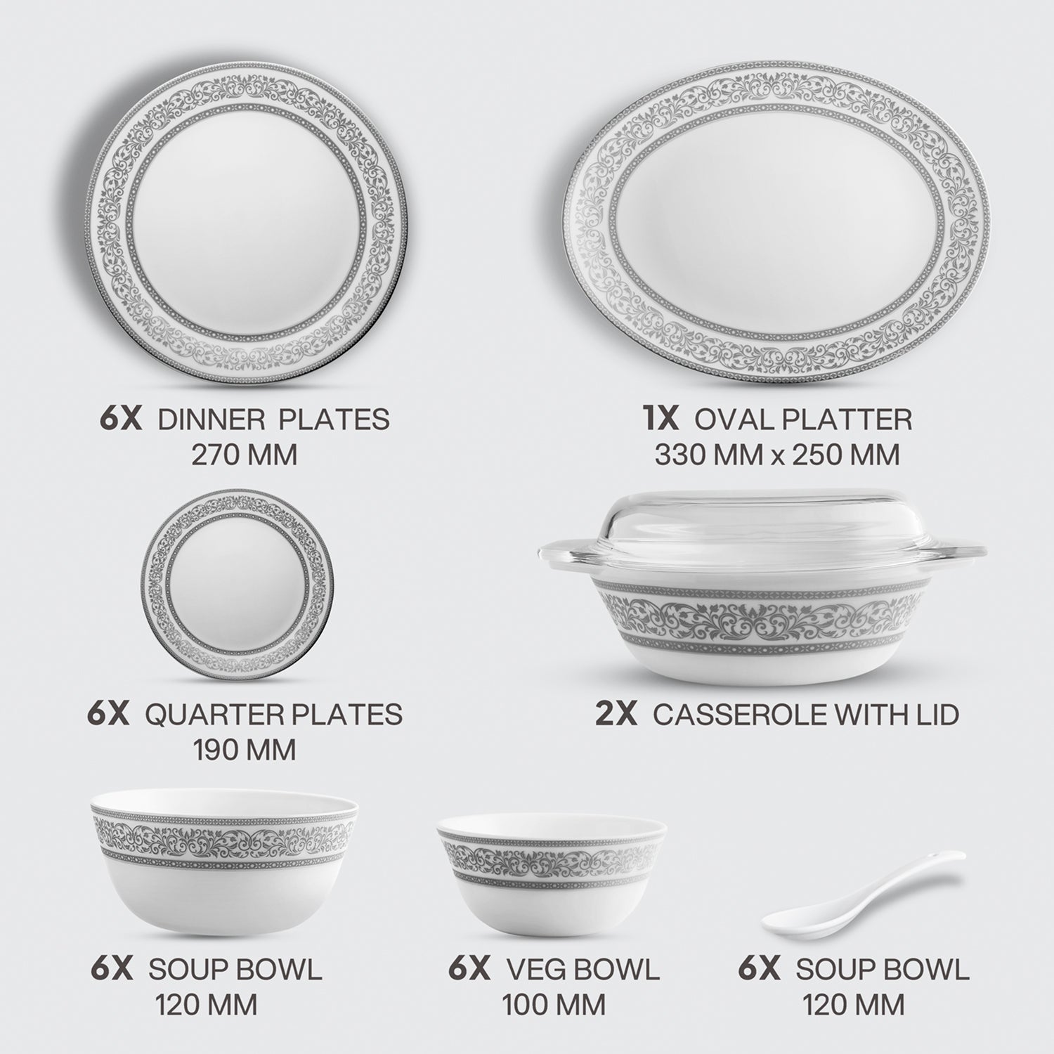 Solitaire Opalware Dinner Set, Argento 35 Pcs
