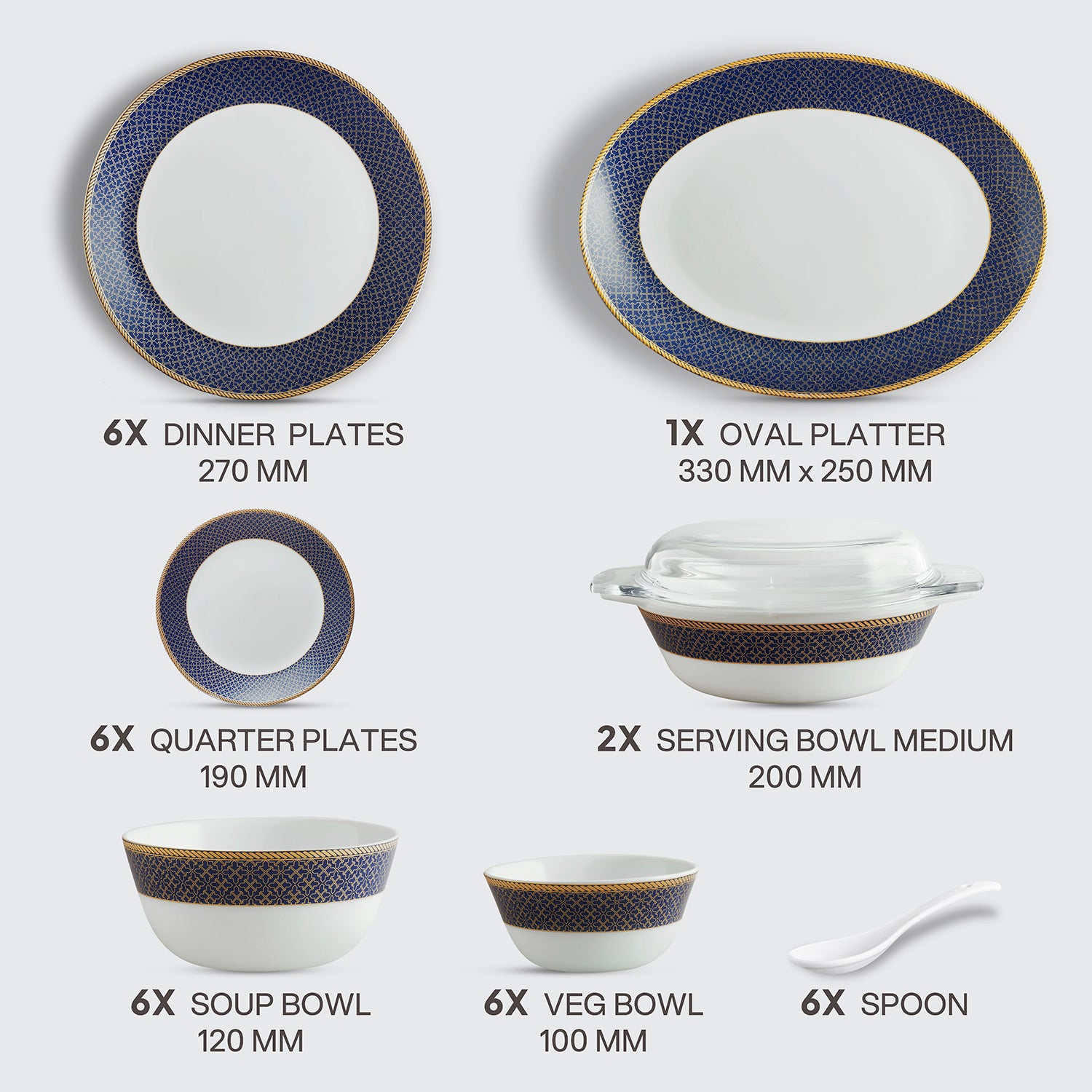Solitaire Opalware Dinner Set, Sapphire 35 Pcs