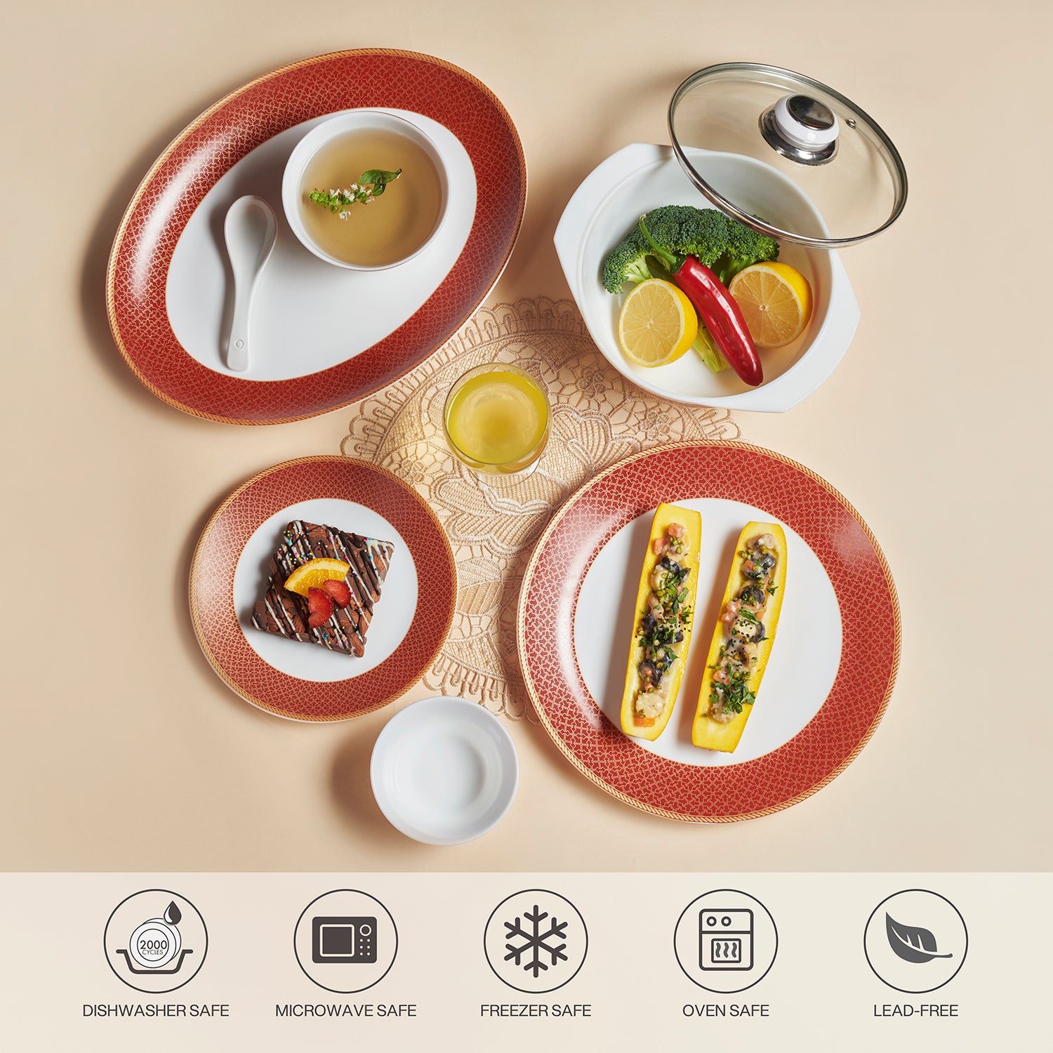 Solitaire Opalware Dinner Set,  Ruby 35 Pcs