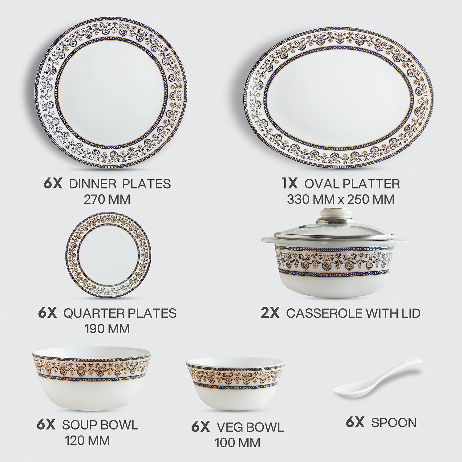 Solitaire Opalware Dinner Set,  Blu 35 Pcs