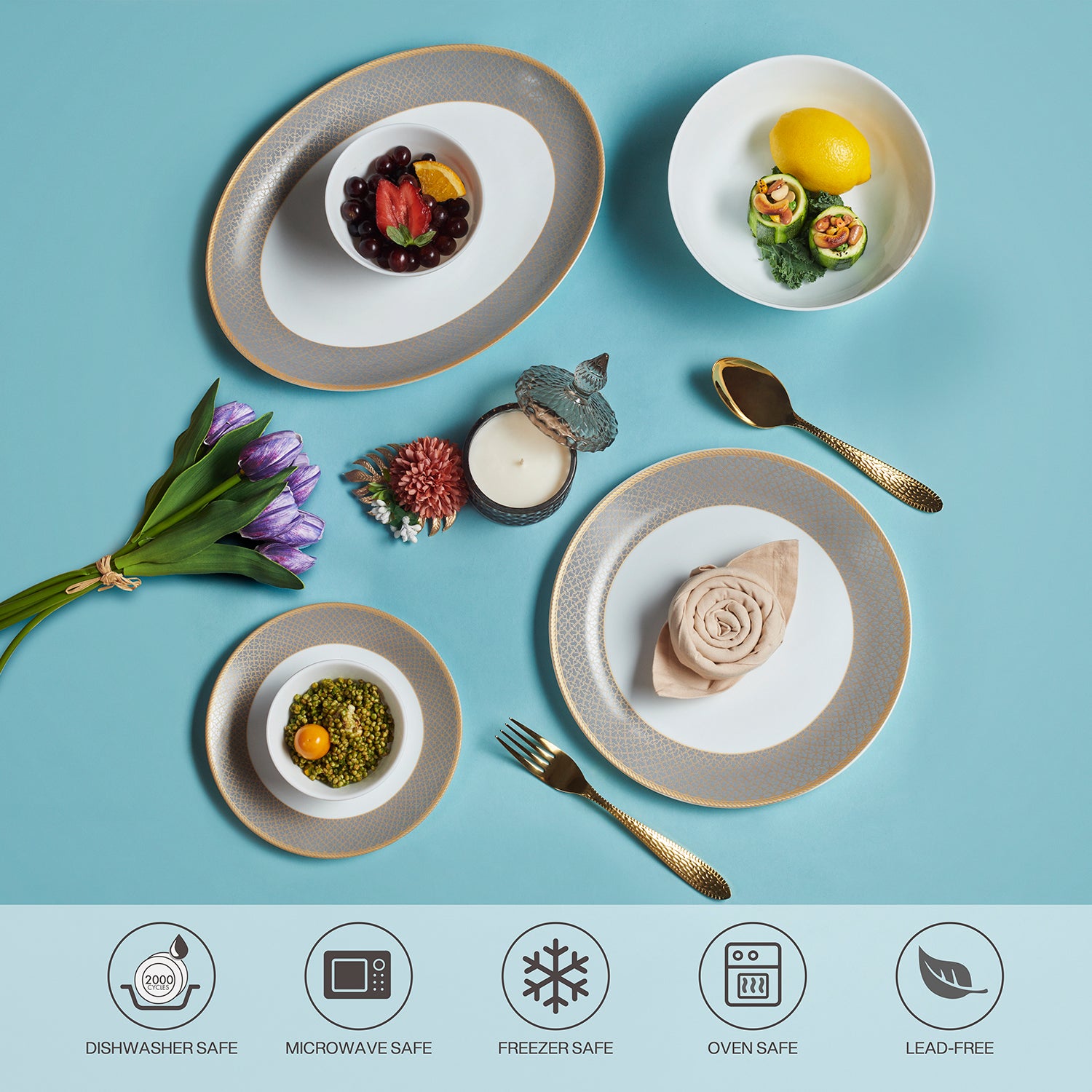 Solitaire Opalware Dinner Set, Moon Stone 27 Pcs