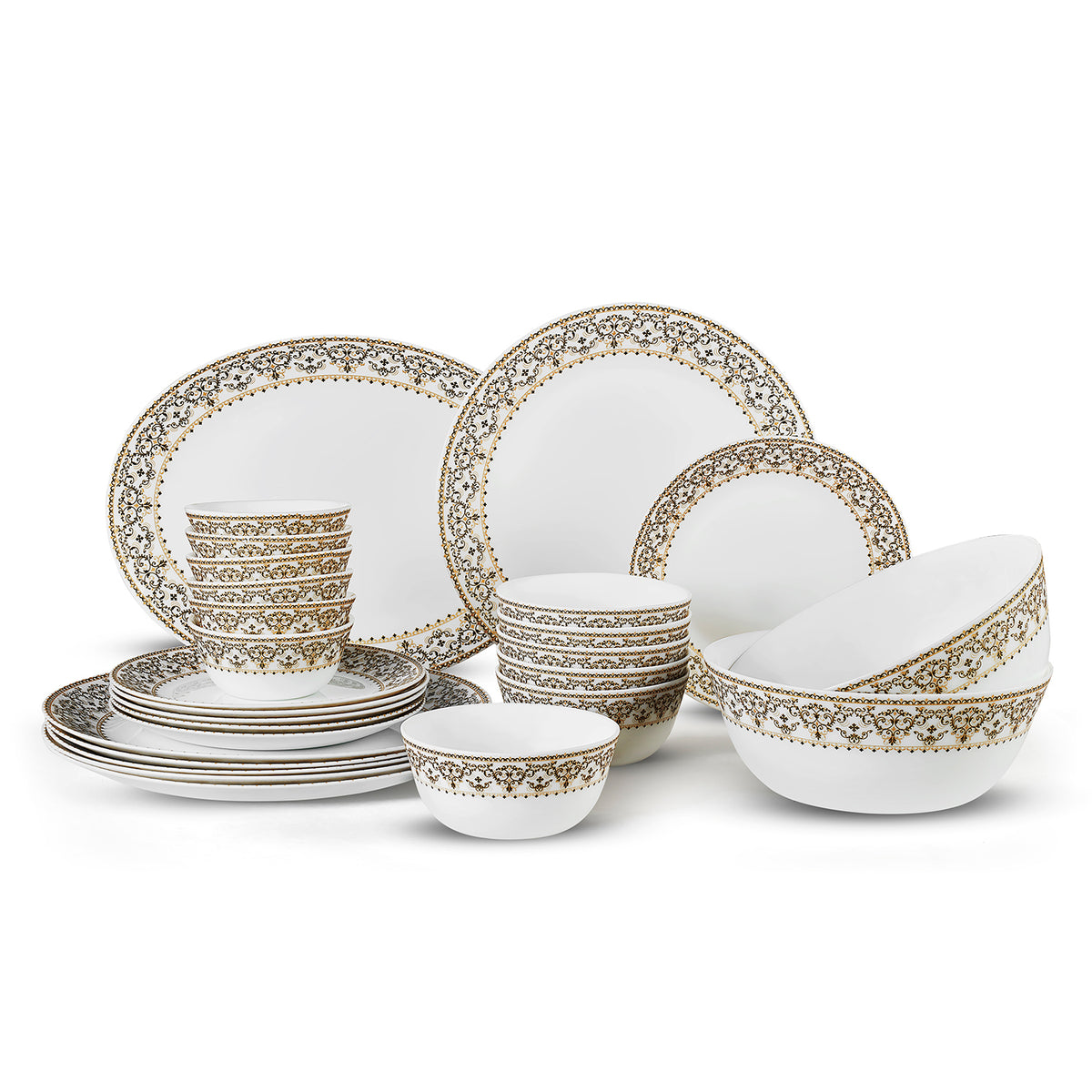 Solitaire Opalware Dinner Set, Ornate Gold 27 Pcs
