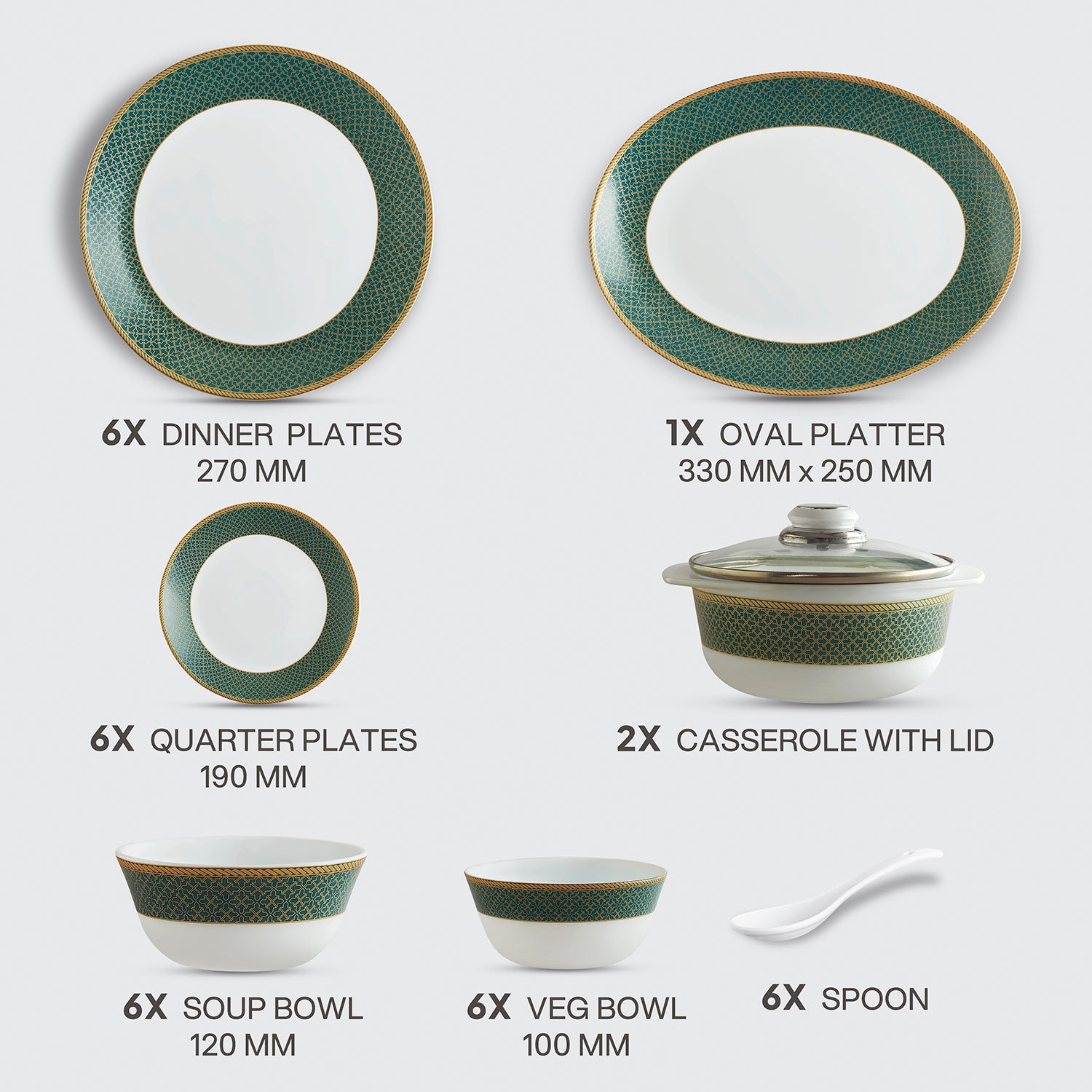 Solitaire Opalware Dinner Set,  Emerald 35 Pcs