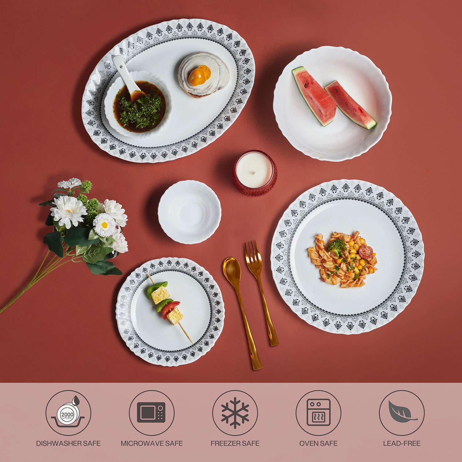 Imperial Plus Opalware Dinner Set, Damask 33 Pcs