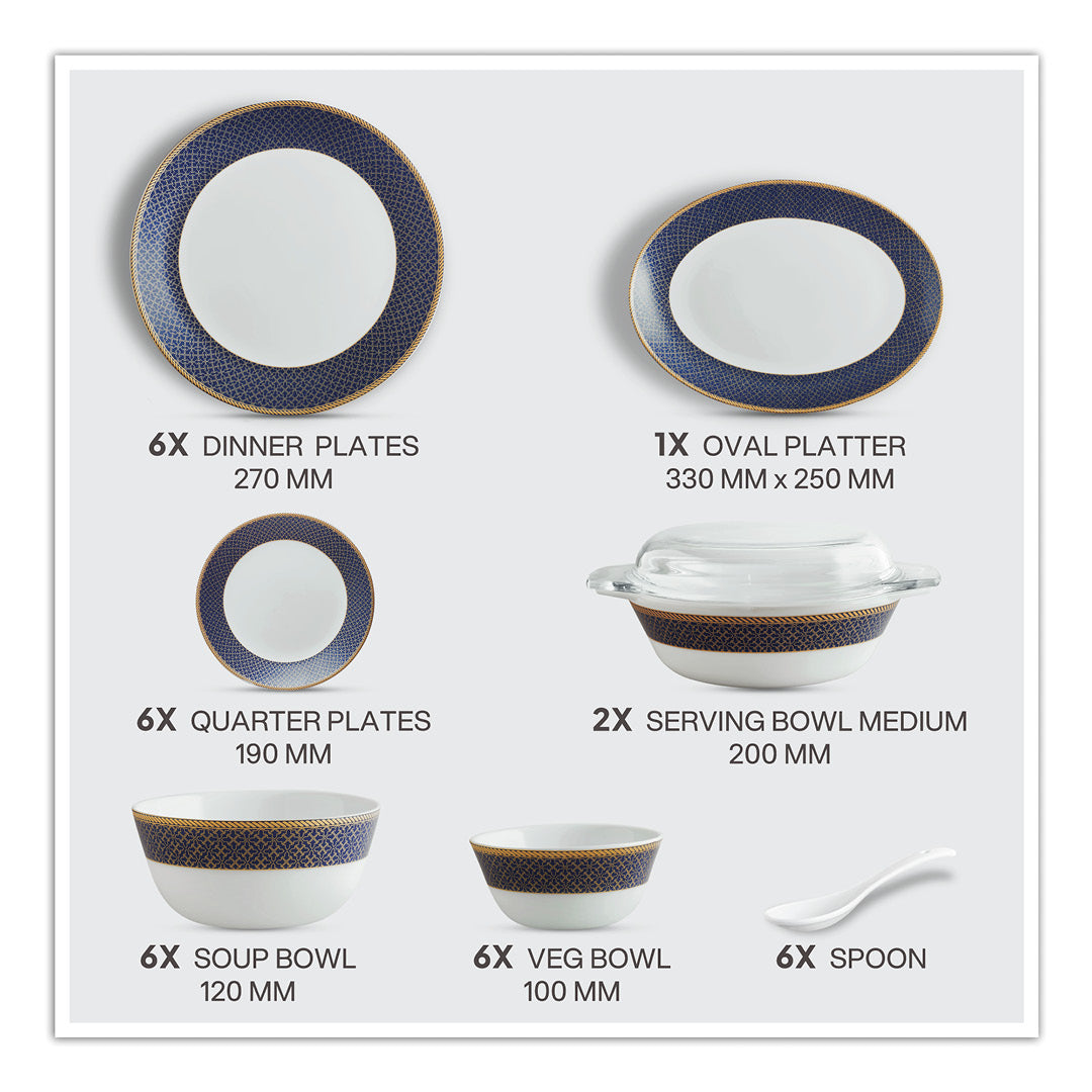 Solitaire Opalware Dinner Set, Sapphire 35 Pcs